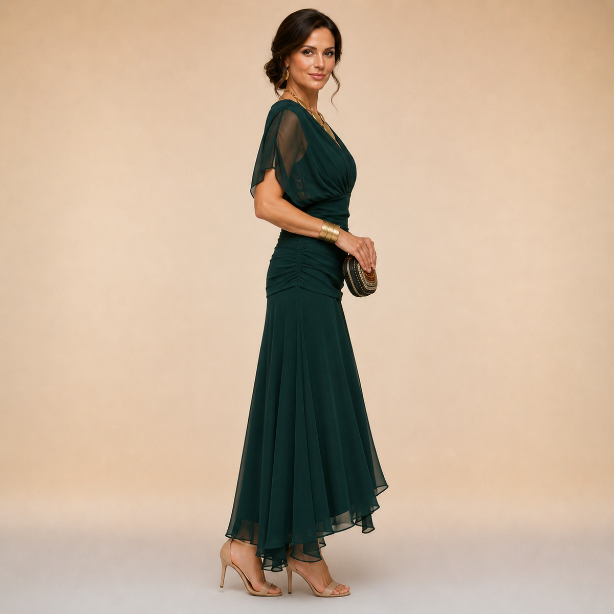 Emma Draped V-Neck Evening Maxi Dress