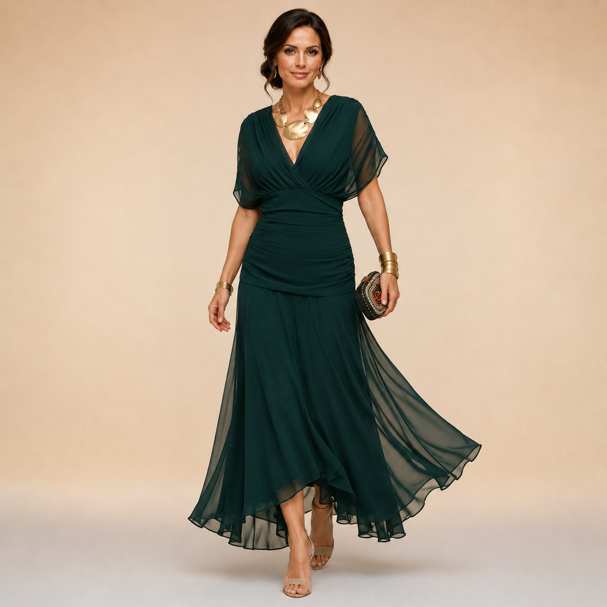 Emma Draped V-Neck Evening Maxi Dress