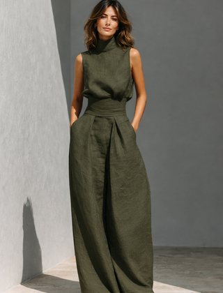 Maria - Complete with tank top and wide-leg cotton and linen minimalist outfit for women