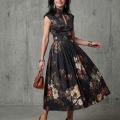 Greta | High Neck Keyhole Floral Pleated Midi Dress