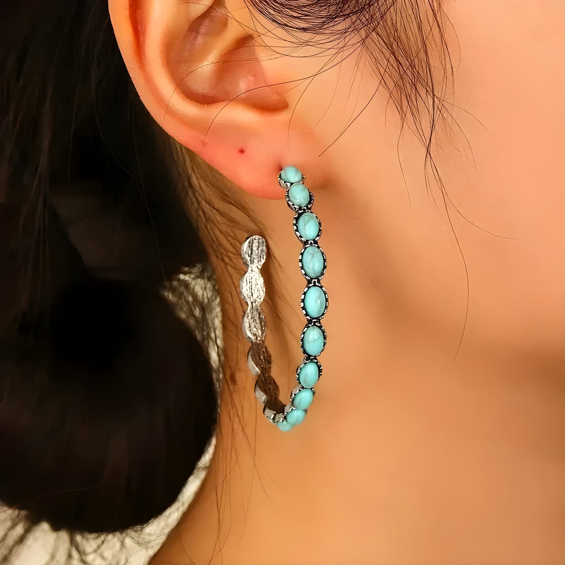 Vintage Oval Stone Hoop Earrings