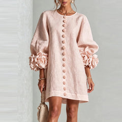 Marcelle Rosette Sleeve Linen Dress - Blush