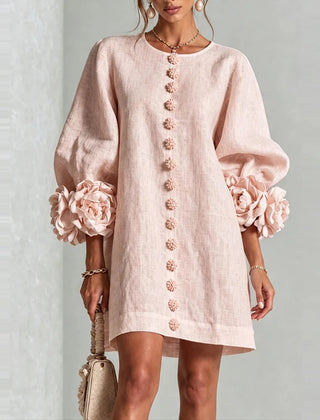 Marcelle Rosette Sleeve Linen Dress - Blush