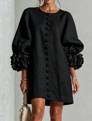 Marcelle Rosette Sleeve Linen Dress - Black