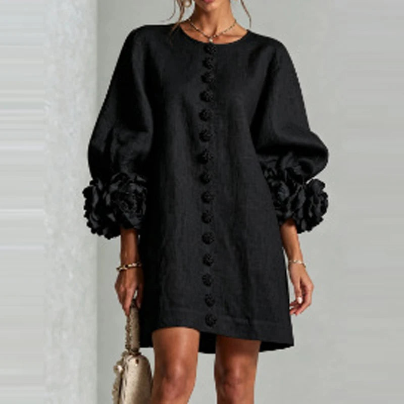 Marcelle Rosette Sleeve Linen Dress - Black