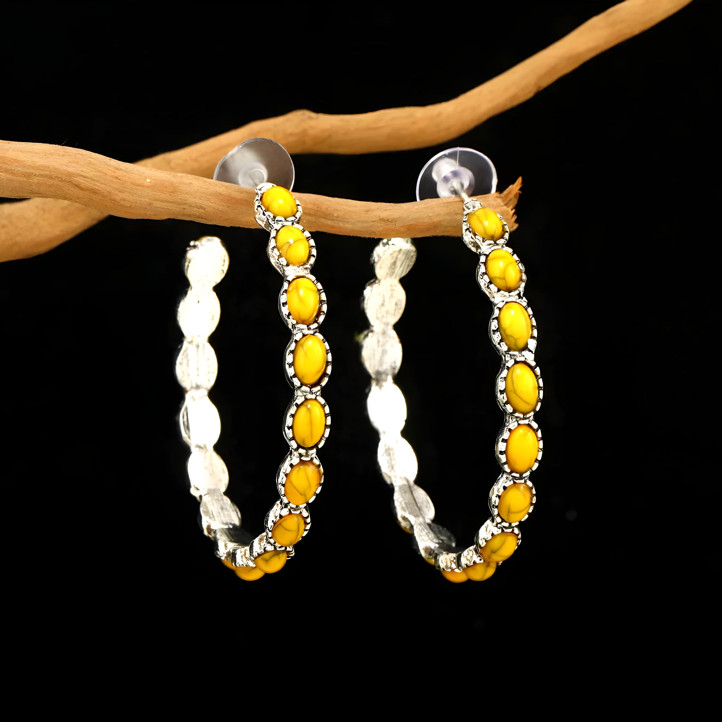 Vintage Oval Stone Hoop Earrings