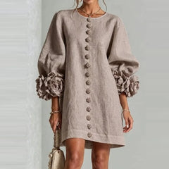 Marcelle Rosette Sleeve Linen Dress - Grey