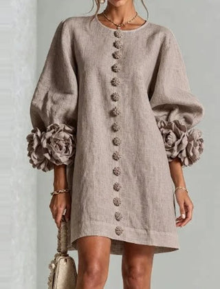 Marcelle Rosette Sleeve Linen Dress - Grey