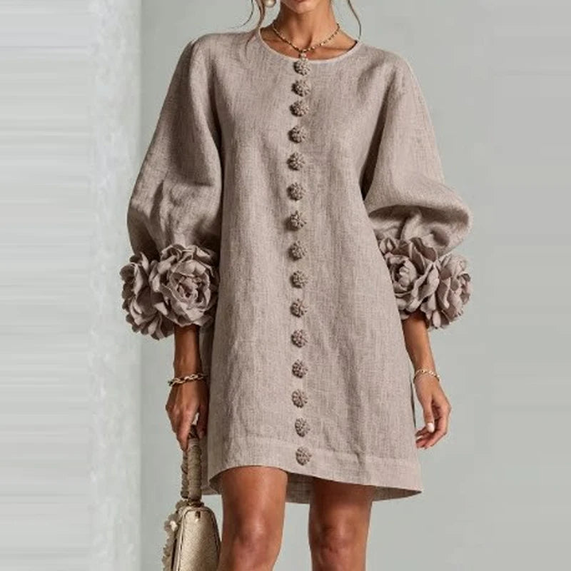 Marcelle Rosette Sleeve Linen Dress - Grey