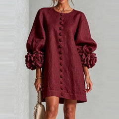 Marcelle Rosette Sleeve Linen Dress - Burgundy