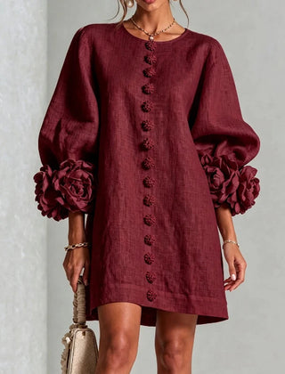 Marcelle Rosette Sleeve Linen Dress - Burgundy