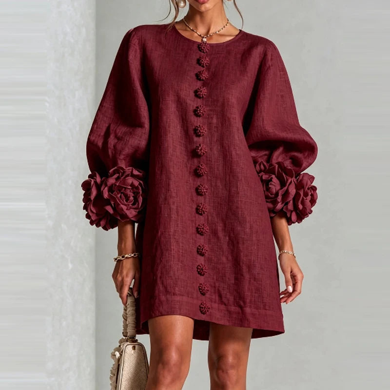 Marcelle Rosette Sleeve Linen Dress - Burgundy