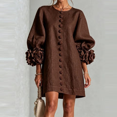 Marcelle Rosette Sleeve Linen Dress - Brown