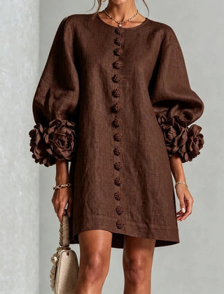 Marcelle Rosette Sleeve Linen Dress - Brown