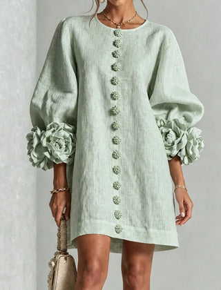 Marcelle Rosette Sleeve Linen Dress - Mint