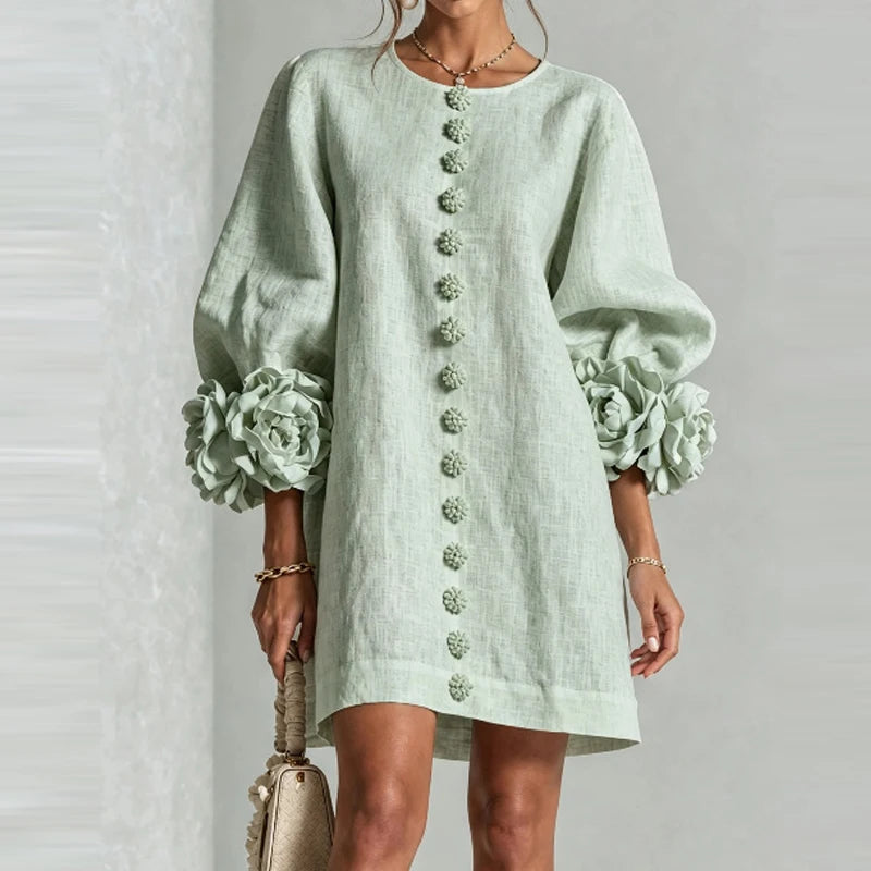 Marcelle Rosette Sleeve Linen Dress - Mint