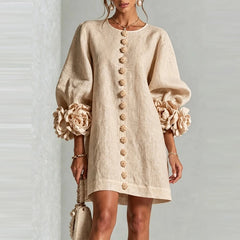 Marcelle Rosette Sleeve Linen Dress - Apricot