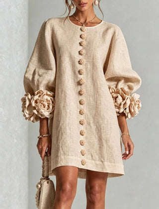 Marcelle Rosette Sleeve Linen Dress - Apricot