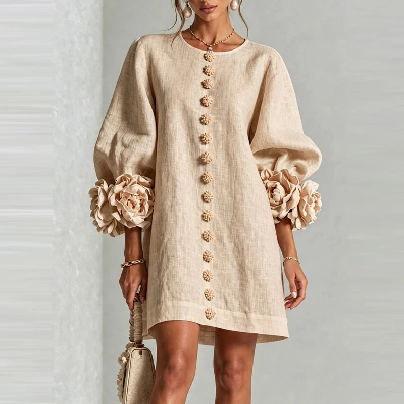 Marcelle Rosette Sleeve Linen Dress - Apricot