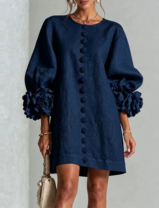 Marcelle Rosette Sleeve Linen Dress - Navy