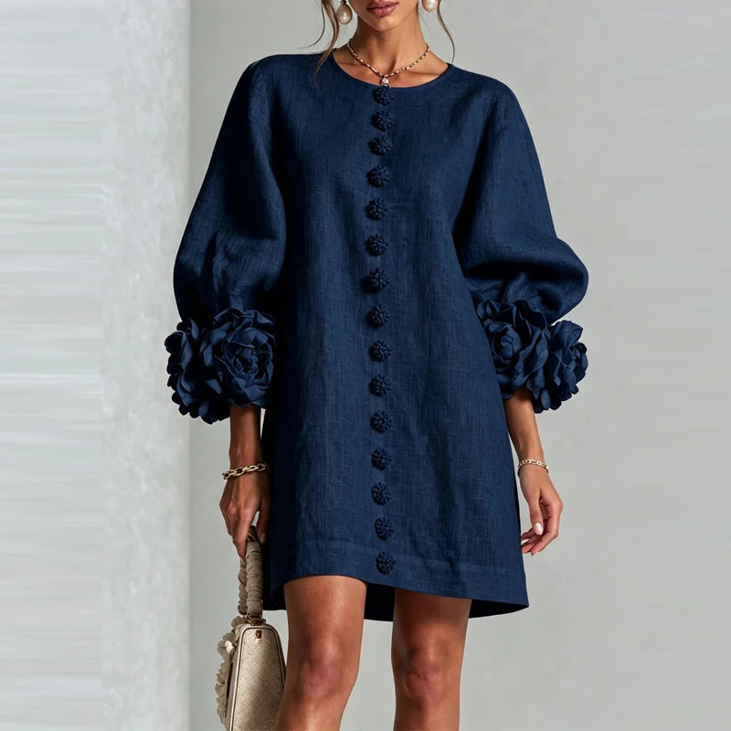 Marcelle Rosette Sleeve Linen Dress - Navy