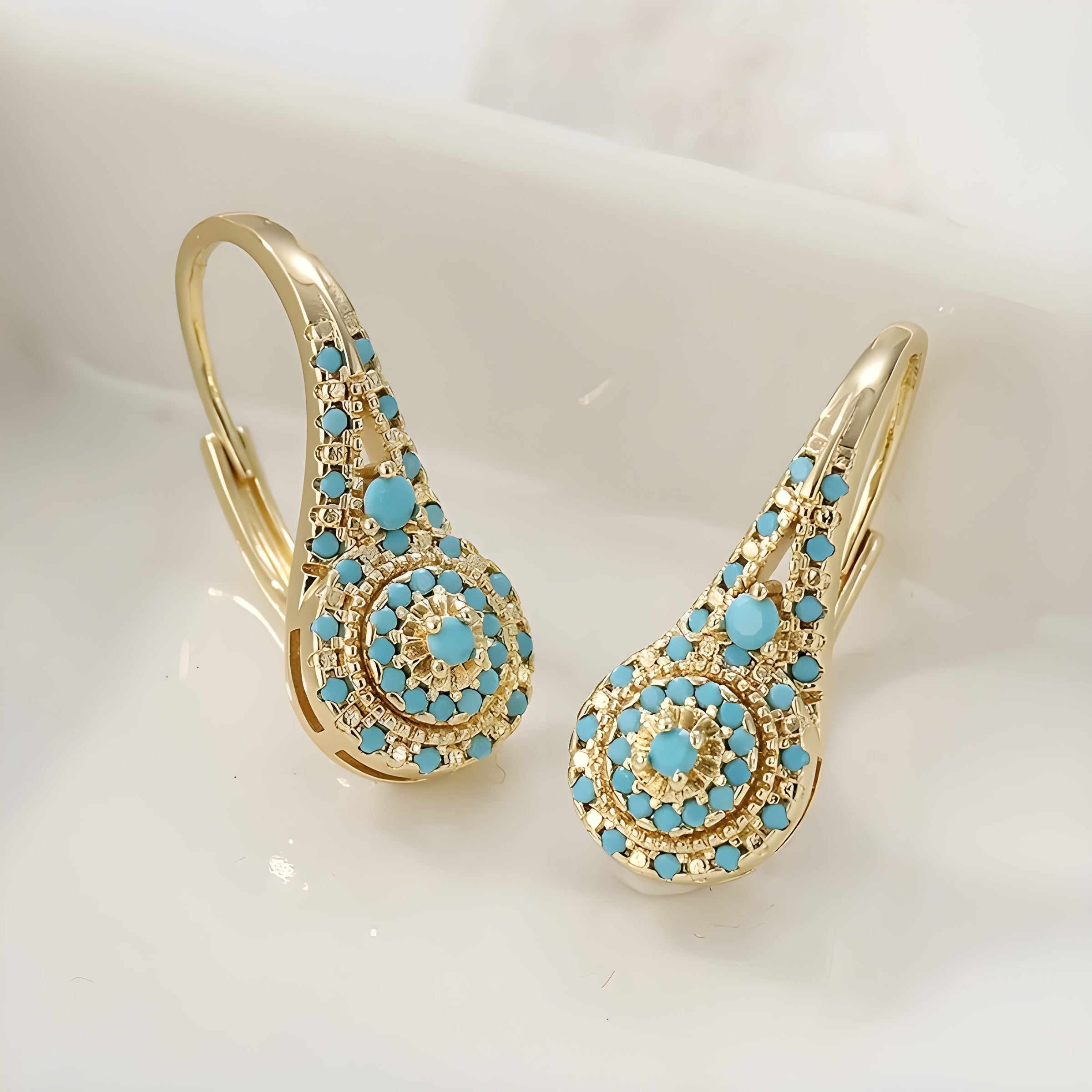Turquoise Mosaic Teardrop Gold Earrings