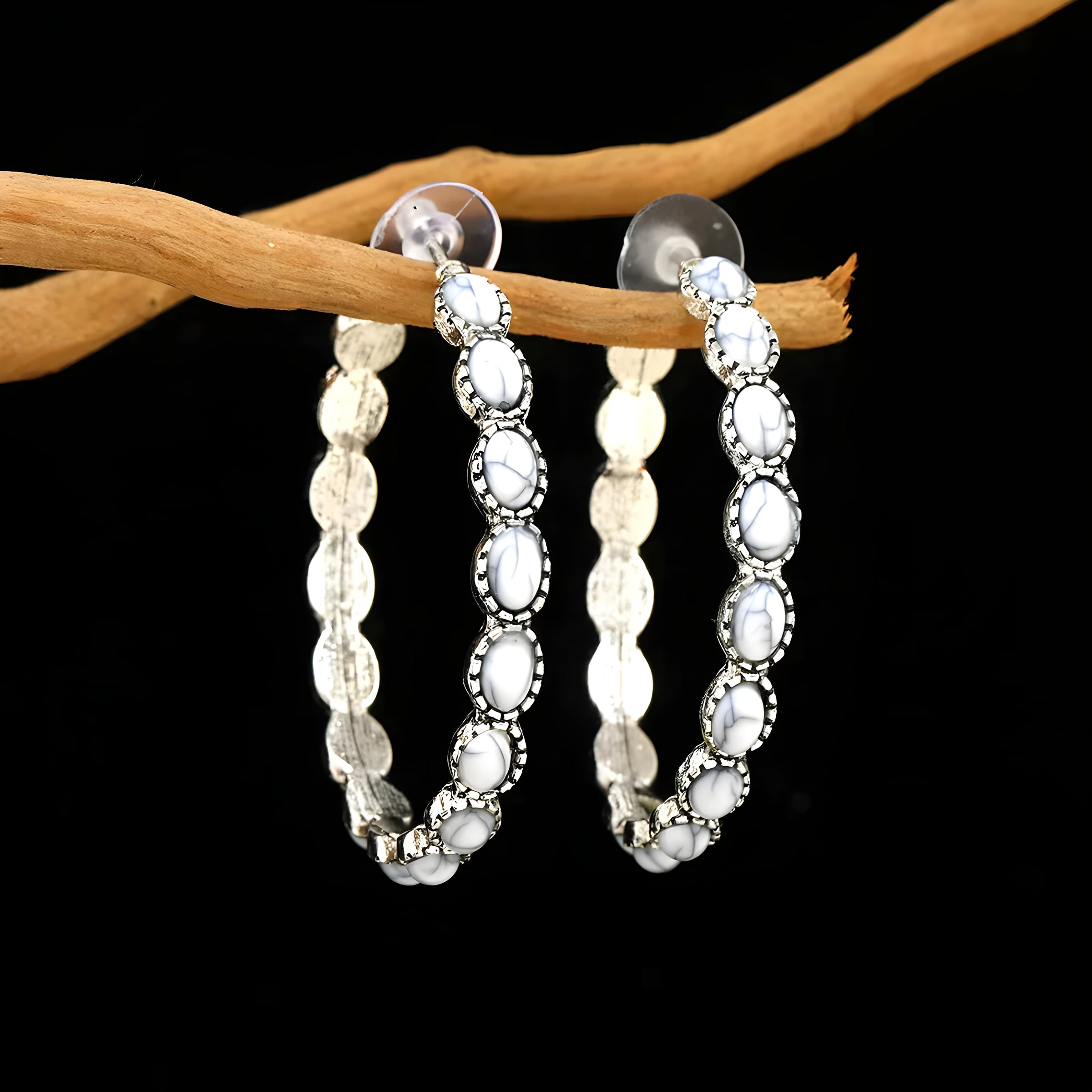 Vintage Oval Stone Hoop Earrings