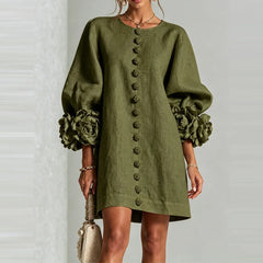 Marcelle Rosette Sleeve Linen Dress - Olive