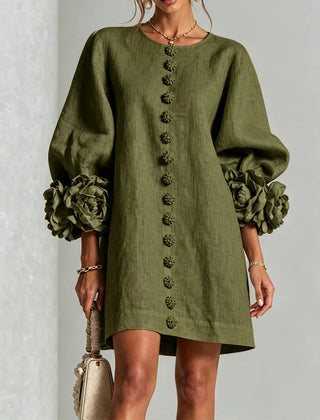 Marcelle Rosette Sleeve Linen Dress - Olive