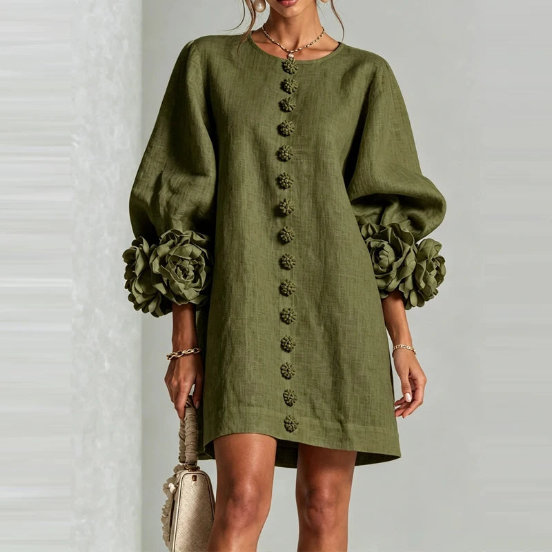 Marcelle Rosette Sleeve Linen Dress - Olive