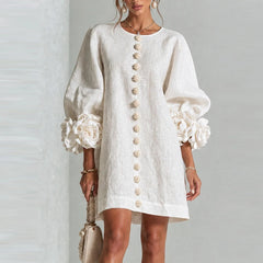 Marcelle Rosette Sleeve Linen Dress - White
