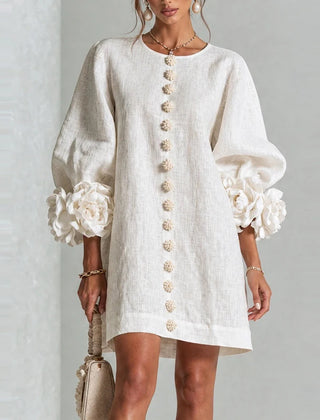 Marcelle Rosette Sleeve Linen Dress - White