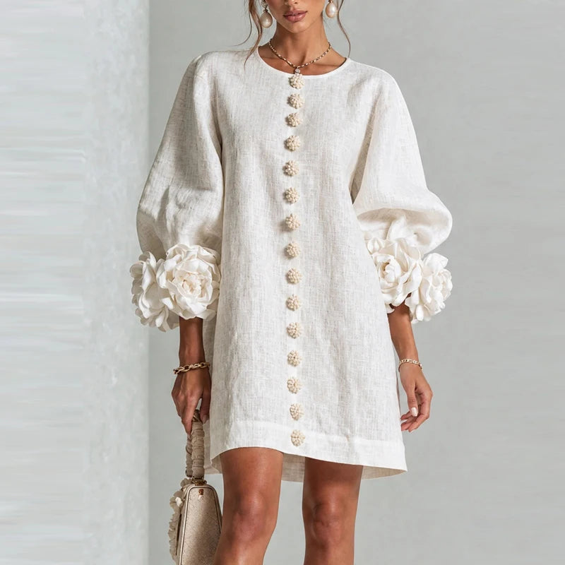 Marcelle Rosette Sleeve Linen Dress - White