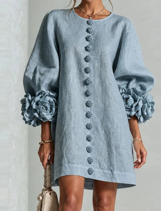 Marcelle Rosette Sleeve Linen Dress - Blue