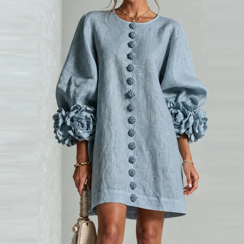 Marcelle Rosette Sleeve Linen Dress - Blue