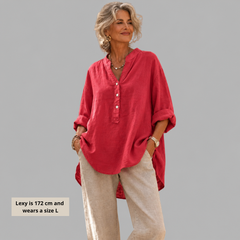 Veronique Elegant Cotton-Linen V-Neck Blouse