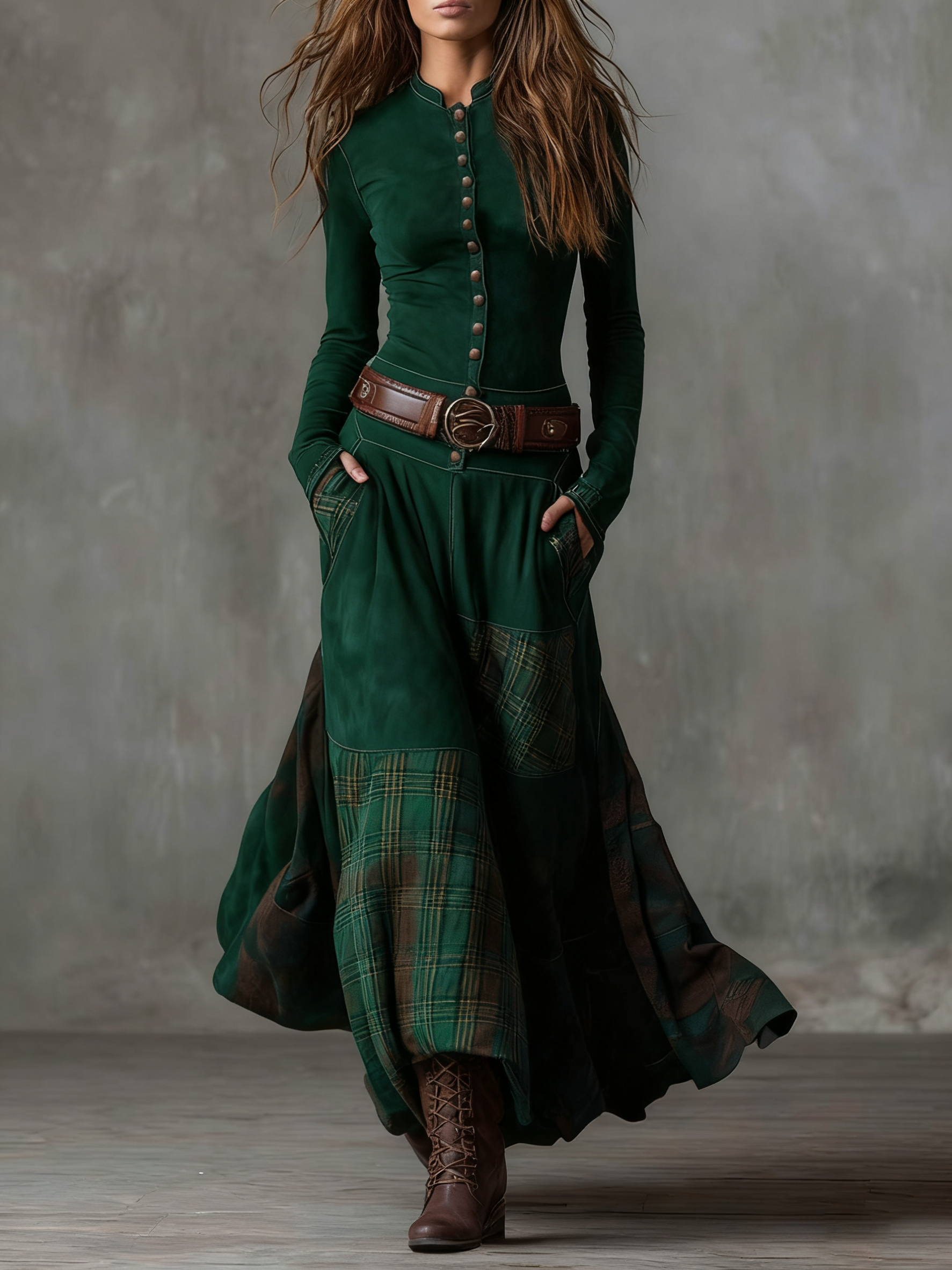Natasha™ Vintage Plaid Suede Maxi Dress