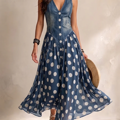 Soraya™ Denim & Chiffon Midi Dress