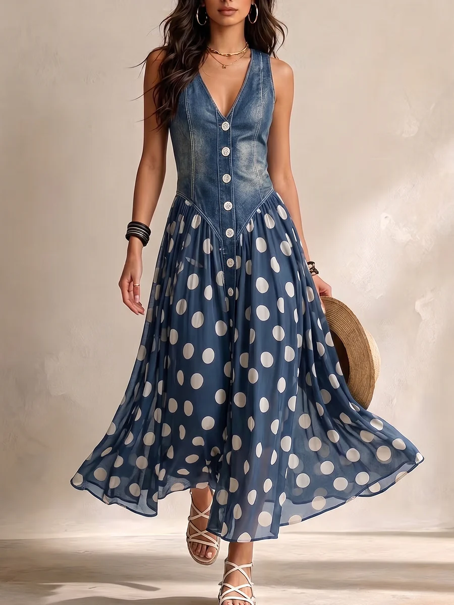 Soraya™ Denim & Chiffon Midi Dress