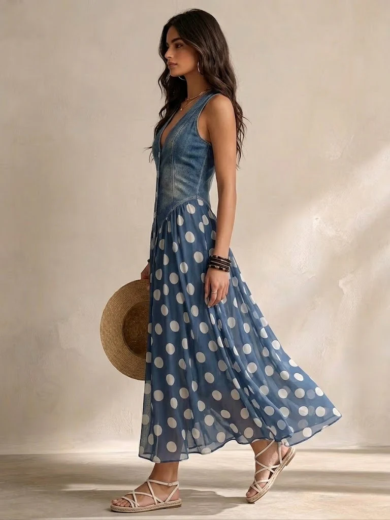 Soraya™ Denim & Chiffon Midi Dress