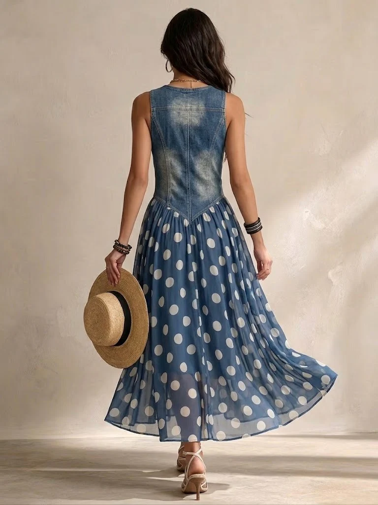 Soraya™ Denim & Chiffon Midi Dress