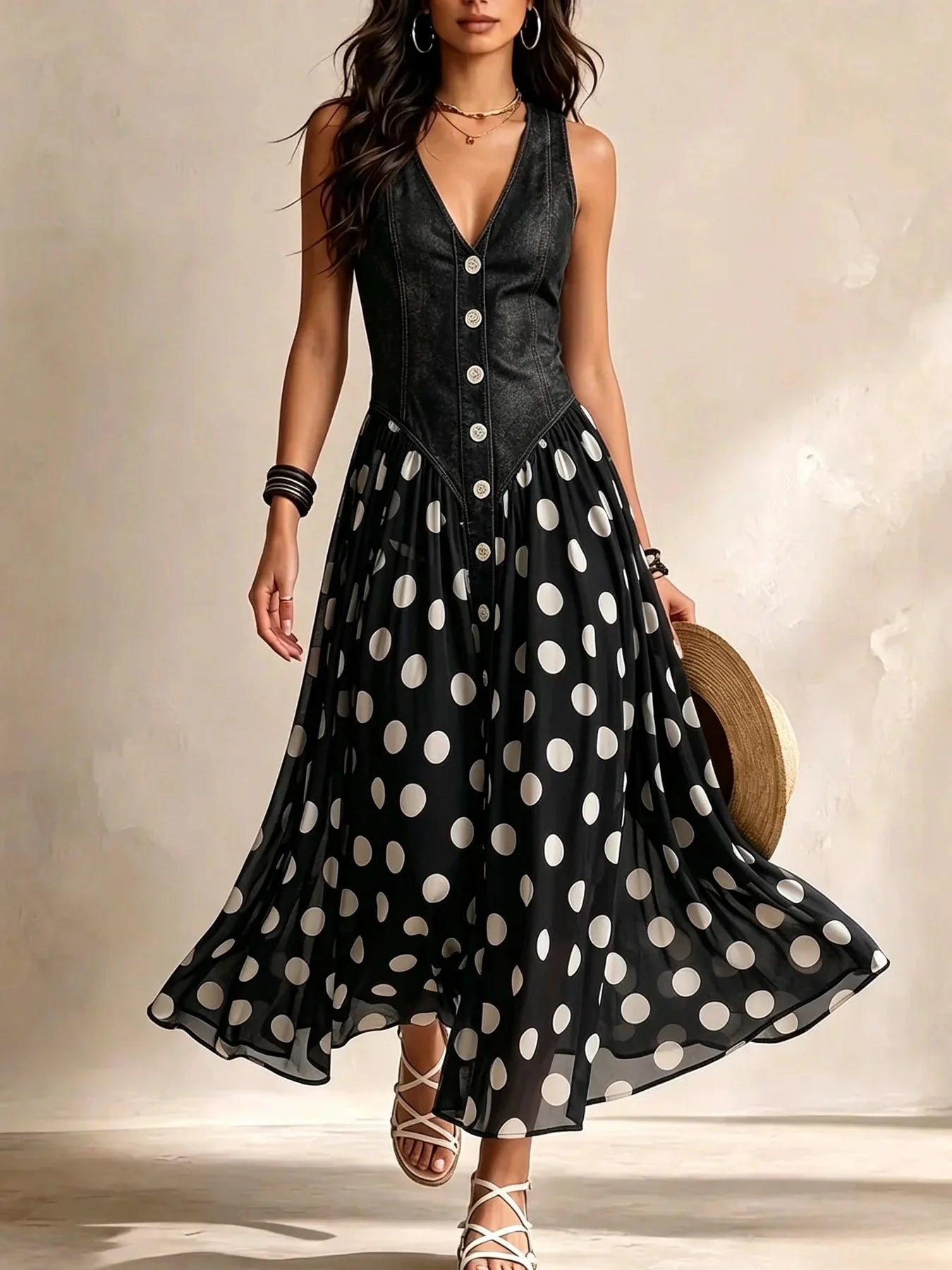 Soraya™ Denim & Chiffon Midi Dress
