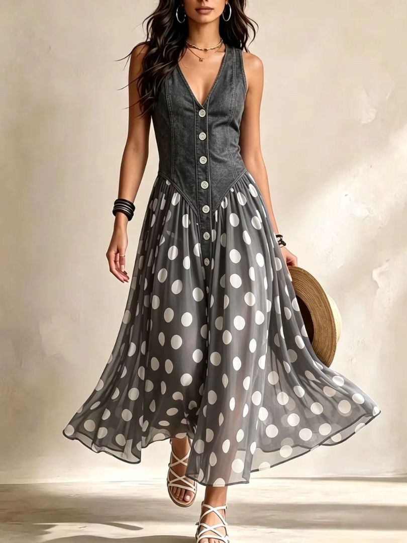 Soraya™ Denim & Chiffon Midi Dress