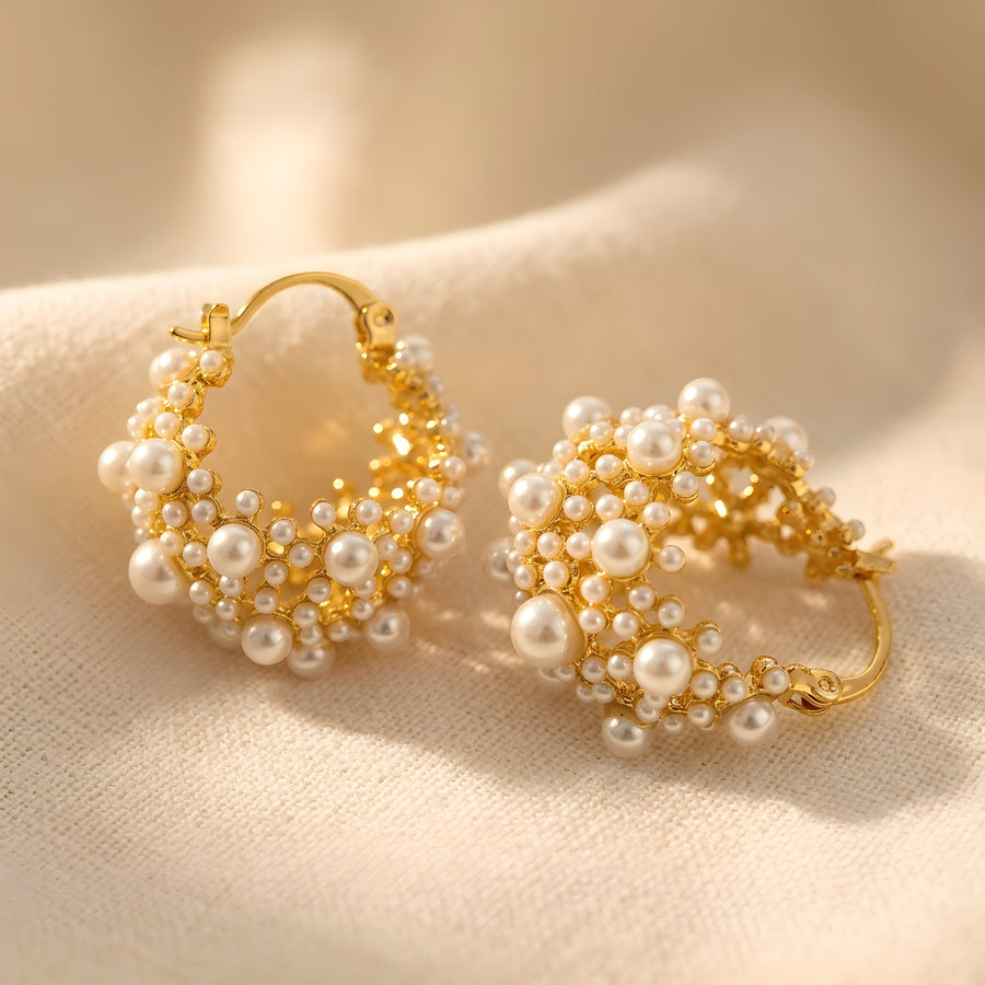 Vintage Pearl Cluster Hoop Earrings