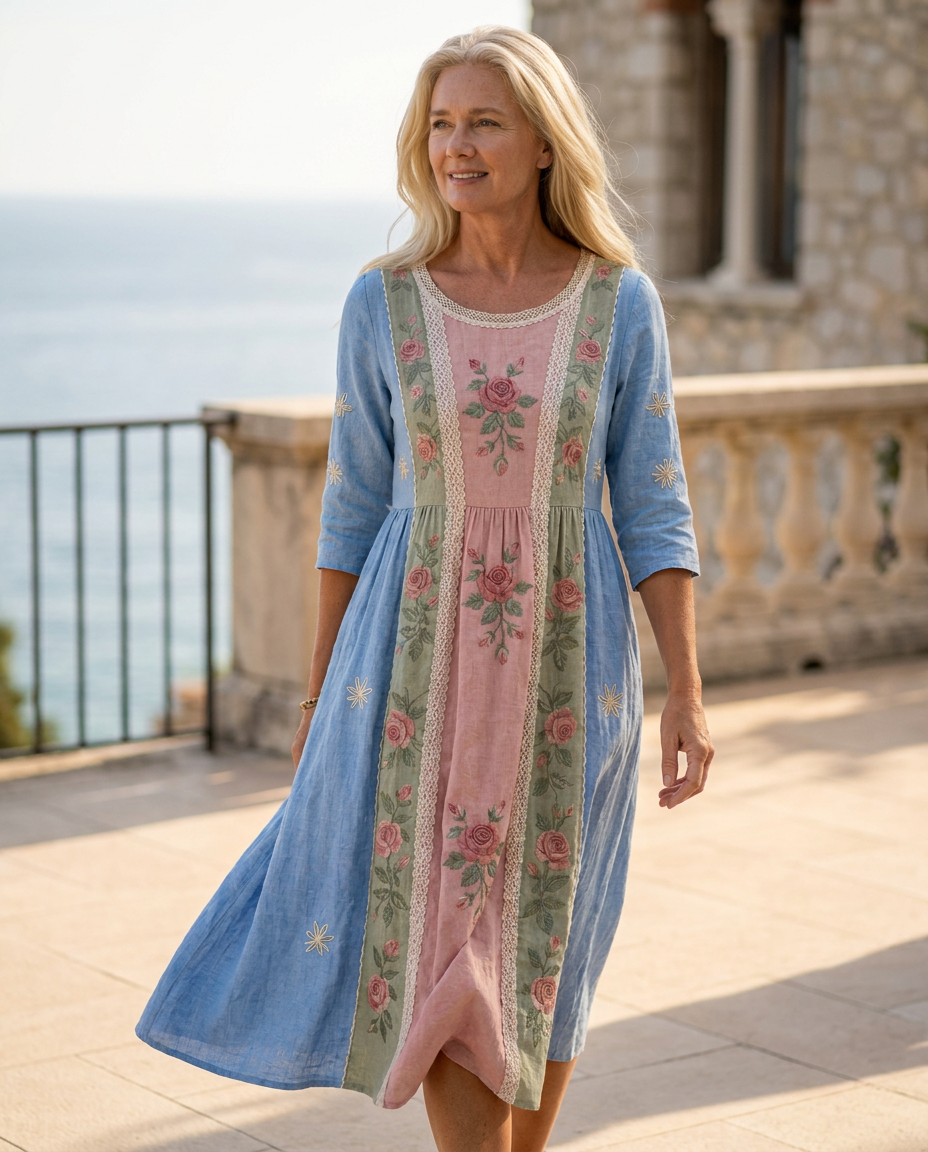 Vintage Rose Patchwork Garden Midi Dress